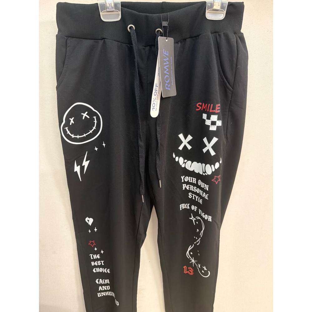 Romwe Mens Black Graphic Joggers Streetwear Smiley Face Sweatpants Size M NEW